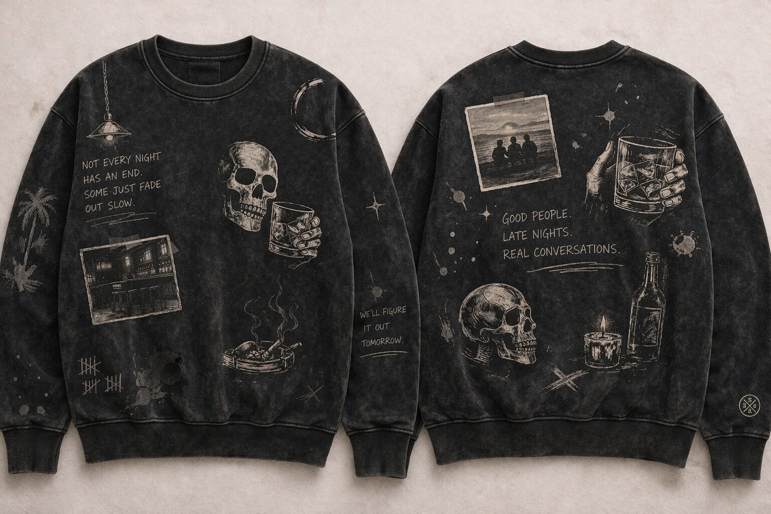 Washed black crewneck, front and back, covered in skull, candle and late-night sketches