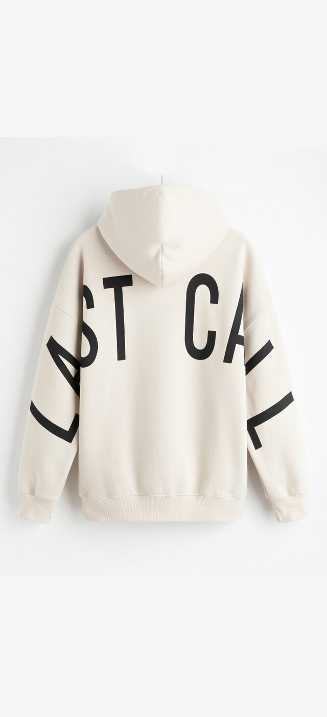 Cream hoodie, LAST CALL printed across the back and both sleeves